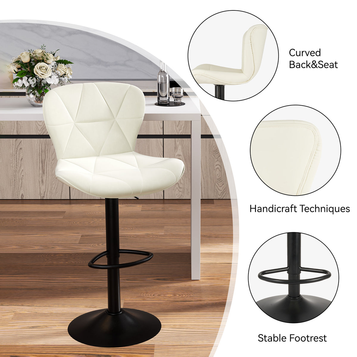 Modern Waterproof and Scratch-Resistant Bar Stool: Diamond-Shaped Leather Backrest & Exquisite Hand-Stitching FU01034-wz