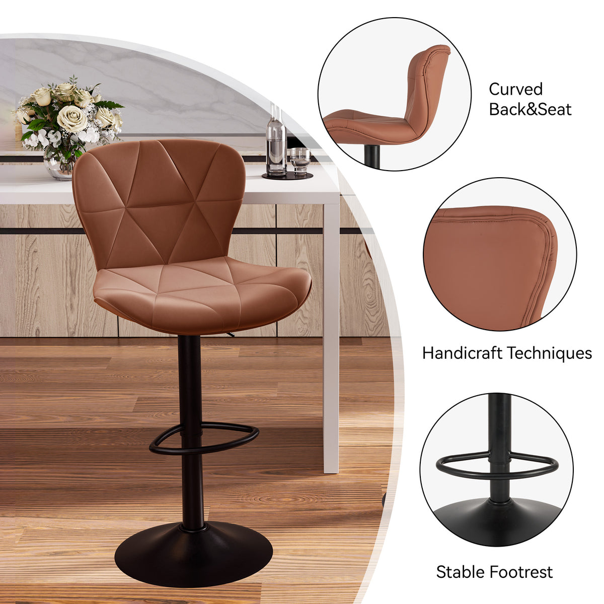 Modern Waterproof and Scratch-Resistant Bar Stool: Diamond-Shaped Leather Backrest & Exquisite Hand-Stitching FU01034-wz