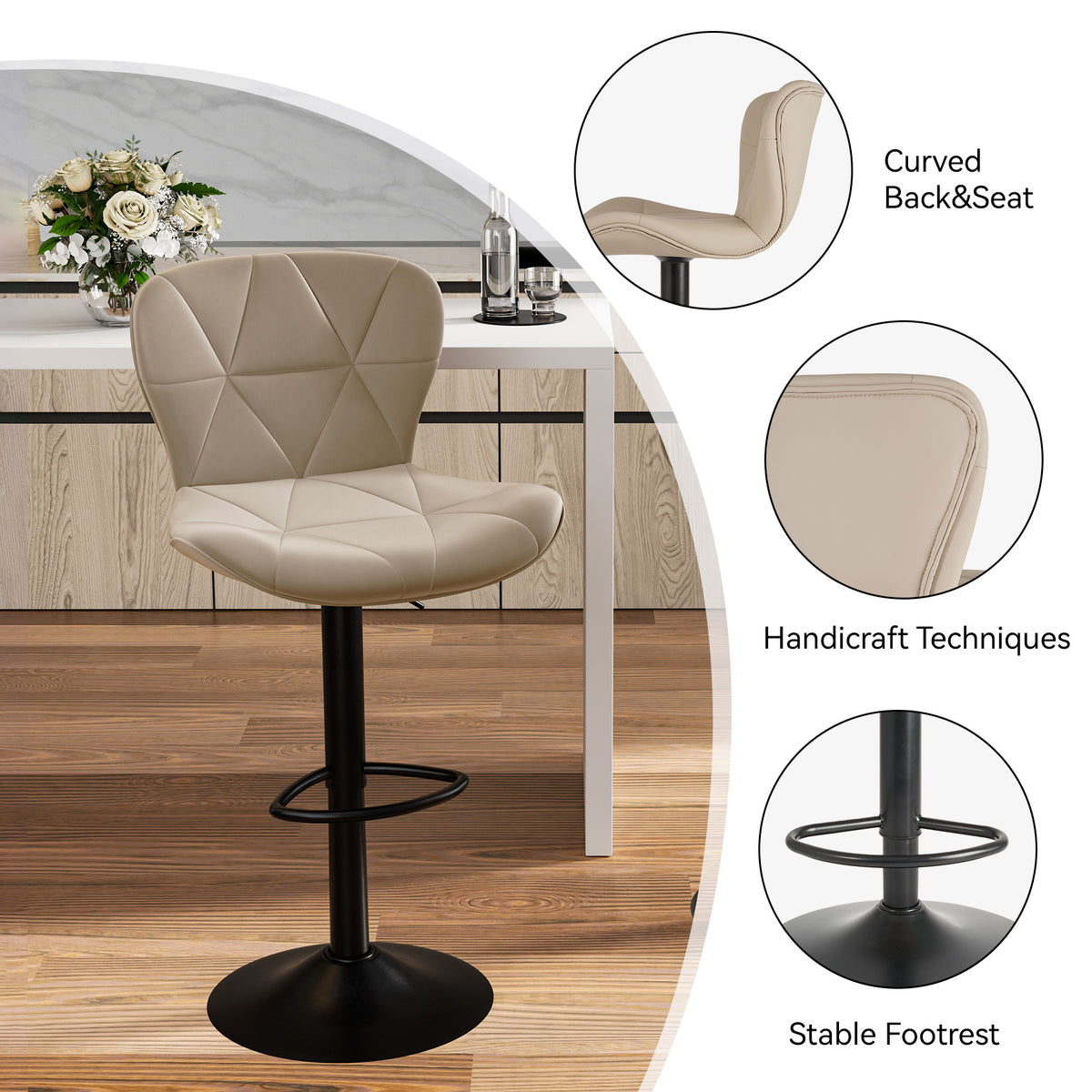 Modern Waterproof and Scratch-Resistant Bar Stool: Diamond-Shaped Leather Backrest & Exquisite Hand-Stitching FU01034-wz