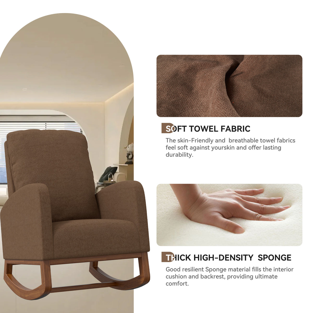 Lounge Fabric Accent Rocking Chair：Durable Wooden Legs&Towel Fabric FU01069-wz