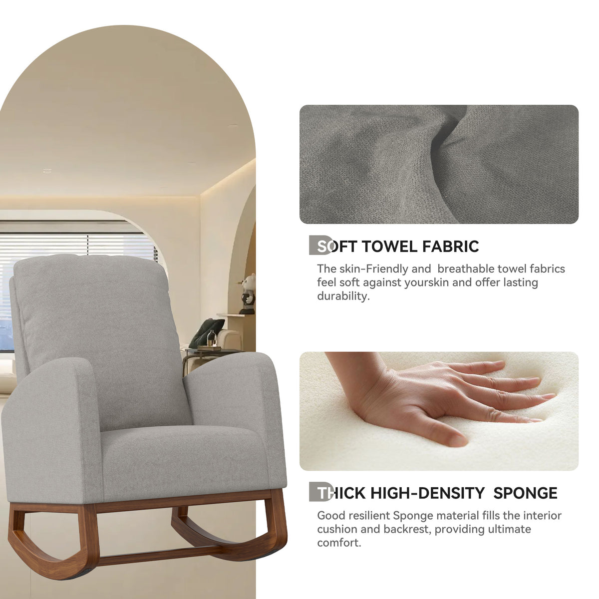 Lounge Fabric Accent Rocking Chair：Durable Wooden Legs&Towel Fabric FU01069-wz