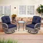 3 Pieces Outdoor Swivel Rocker Patio Chairs, 360 Degree Rocking Patio Conversation Set with Thickened Cushions and Glass Coffee Table for Backyard, Navy blue W640142463-djyc