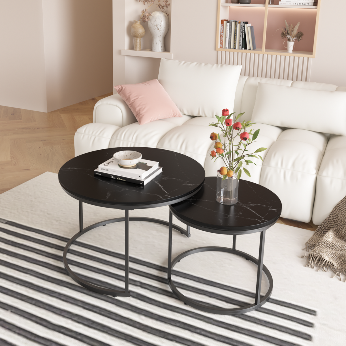 Nesting Coffee Table Set of 2, 27.6inch Round Coffee Table Wood Marble Pattern Top with Sturdy Metal Frame, End Table Side Tables for Living Room Bedroom Balcony Yard (Black) W808P176723-djyc