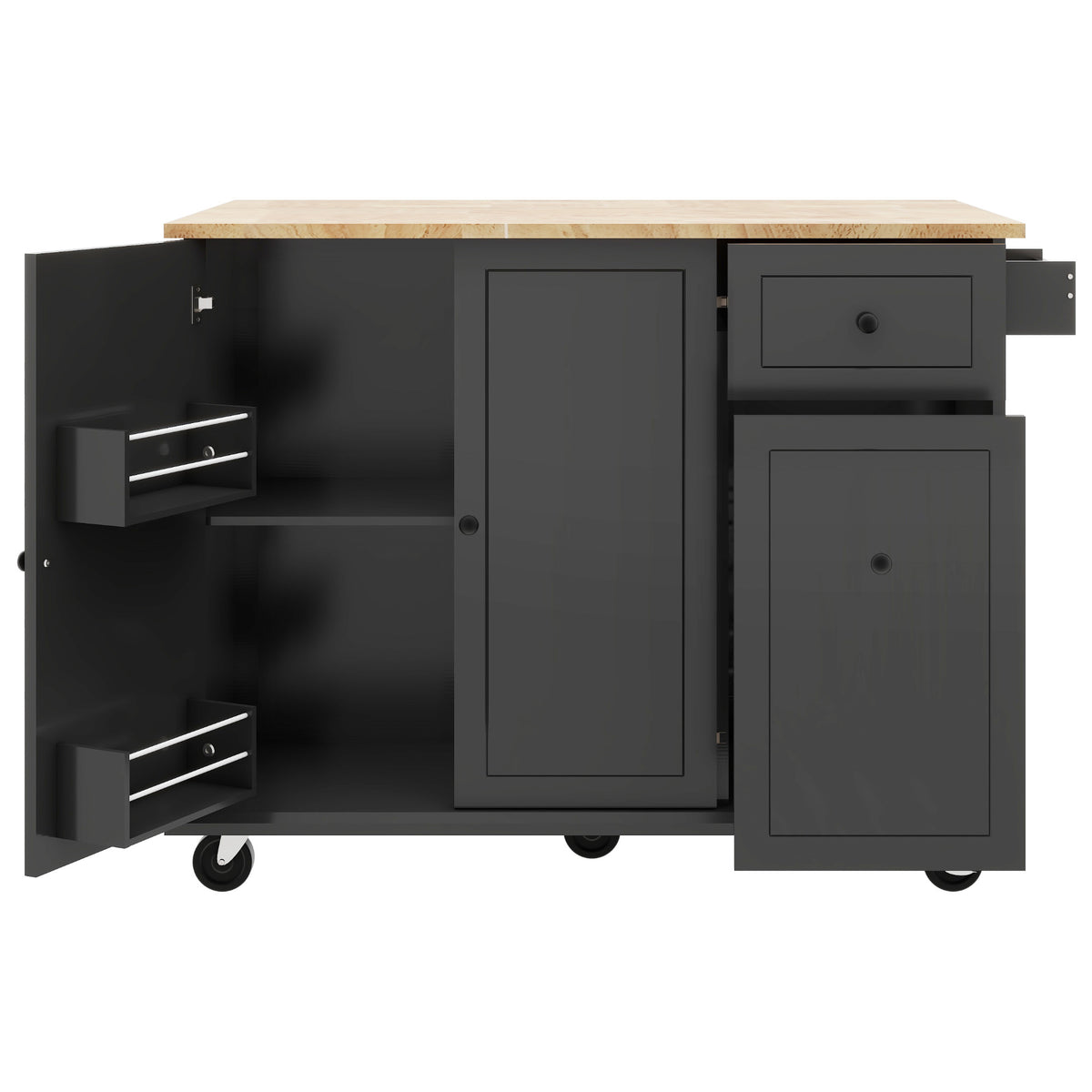 Kitchen Island with Drop Leaf, 53.9" Width Rolling Kitchen Cart on Wheels with Internal Storage Rack and 3 Tier Pull Out Cabinet Organizer, Kitchen Storage Cart with Spice Rack, Towel Rack (Black) WF312383AAB-djyc