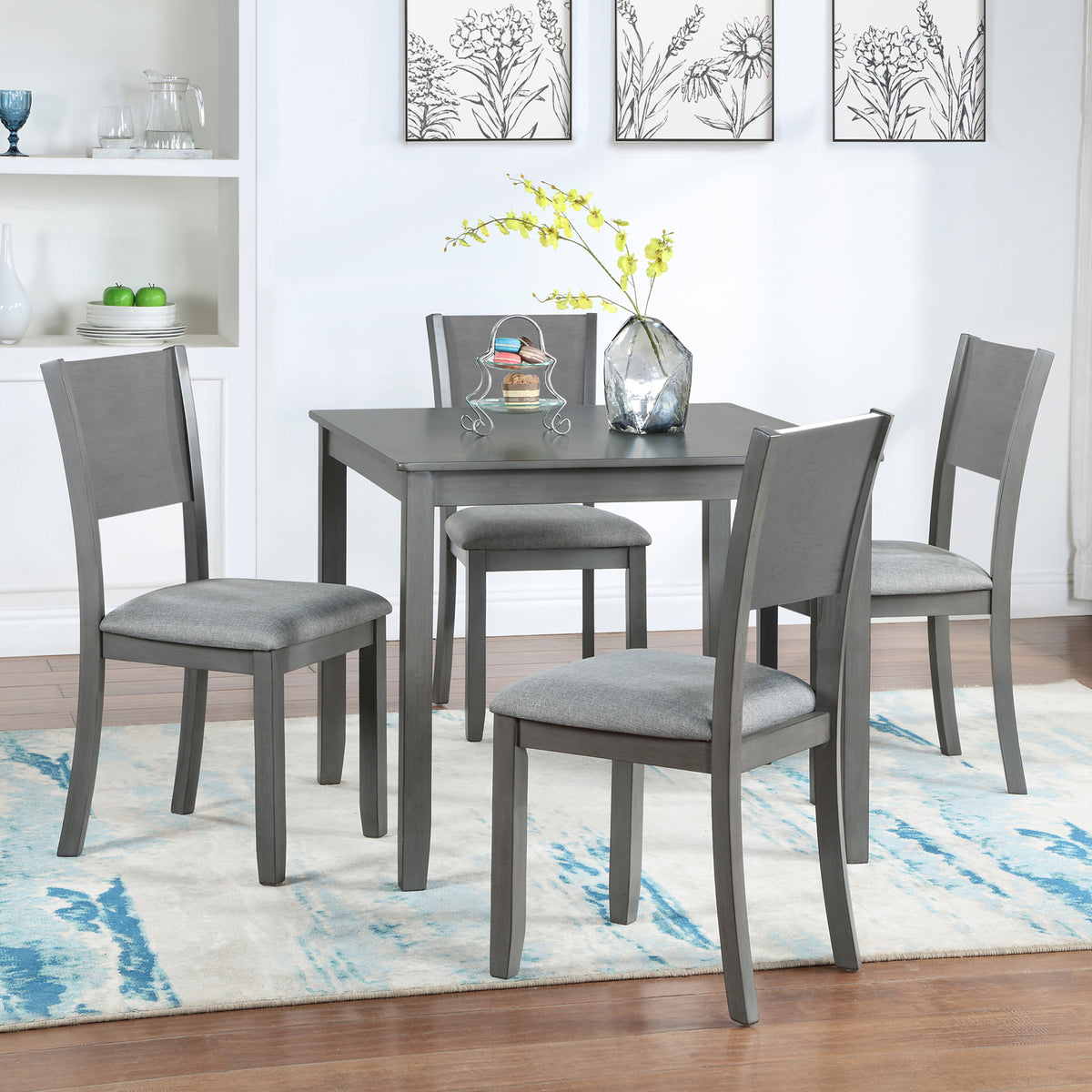 5 Piece Modern Dining Set, Square Wooden Dining Table with 4 Upholstered Chairs for Kitchen, Dining Room, Gray W1998S00056-djyc