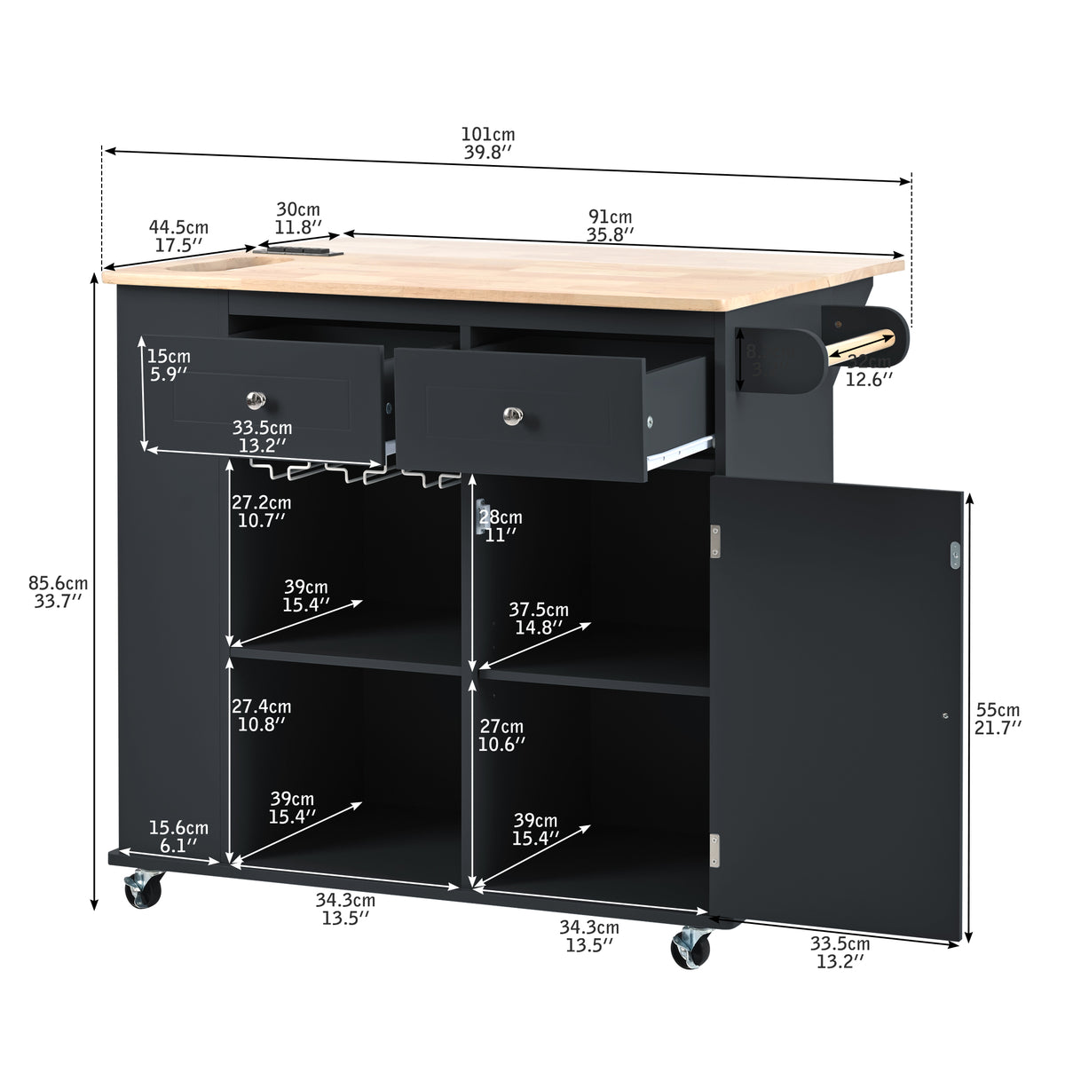 Kitchen Island with Power Outlet,Kitchen Storage Island with Drop Leaf and Rubber Wood,Open Storage and Wine Rack,5 Wheels,with Adjustable Storage for Home, Kitchen, and Dining Room, Black WF305556AAB-djyc