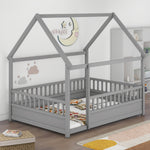Full Size Floor Wooden Bed with House Roof Frame, Fence Guardrails,Grey W1858123988-djyc