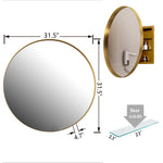 31.5 Inch Surface Mount Round Metal Framed Medicine Cabinet with Mirror and Adjustable Shelves Black Wall Mirror with Storage for Bathroom, Matte Gold W1435P194675-djyc