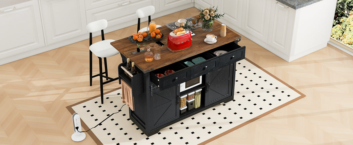 K&K 53.7" Farmhouse Kitchen Island with Power Outlet, 2 Sliding Barn Door Kitchen Storage Island with Drop Leaf, Spice Rack Rolling Kitchen Cart on Wheels, for Home, Kitchen and Dining Room, Black N707P170347B-djyc