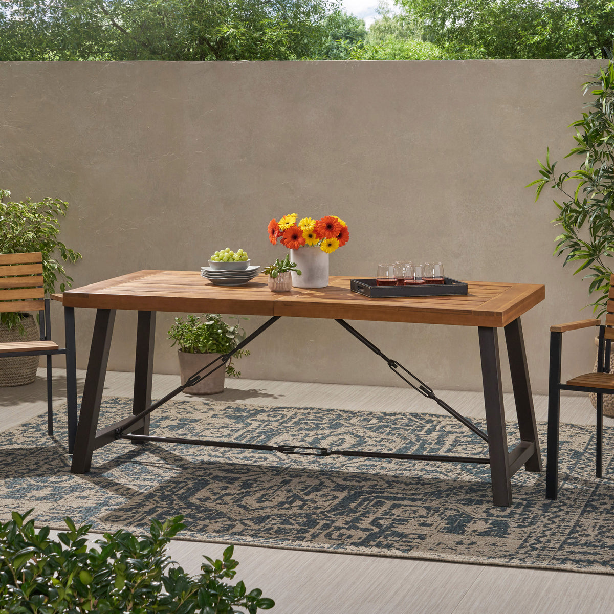 Outdoor Acacia Wood Metal Base Dining Table, Teak 57239-djyc