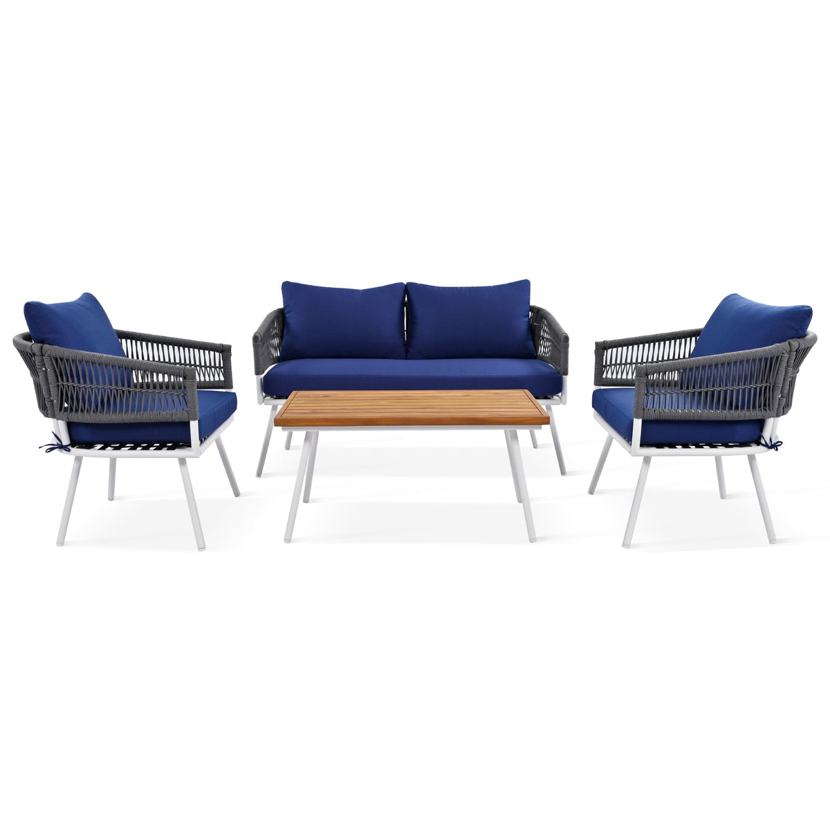 K&K 4-Piece Boho Rope Patio Furniture Set, Outdoor Furniture with Acacia Wood Table, Patio Conversation Set with Deep Seating & Thick Cushion for Backyard Porch Balcony, Navy Blue SK000004AAE-djyc