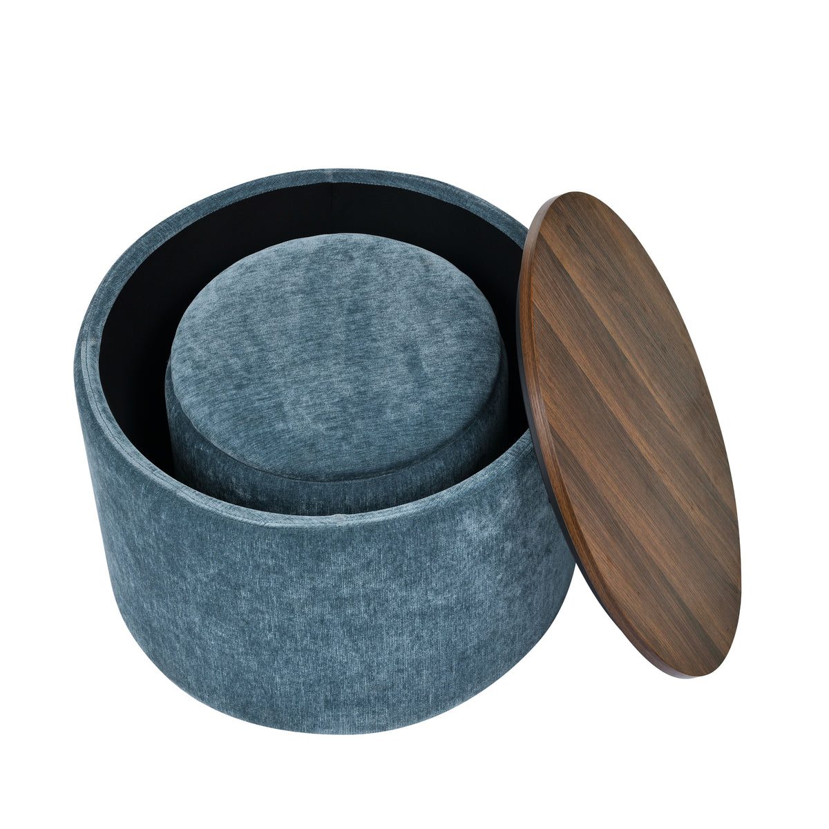 2-Piece Set Round Chenille Storage Ottoman, Equipped with a Drum Shaped Small Stool, Storage Space, and MDF Made Desktop Panel (Dark Blue23.62"x23.62"x16.53") W487P179600-djyc