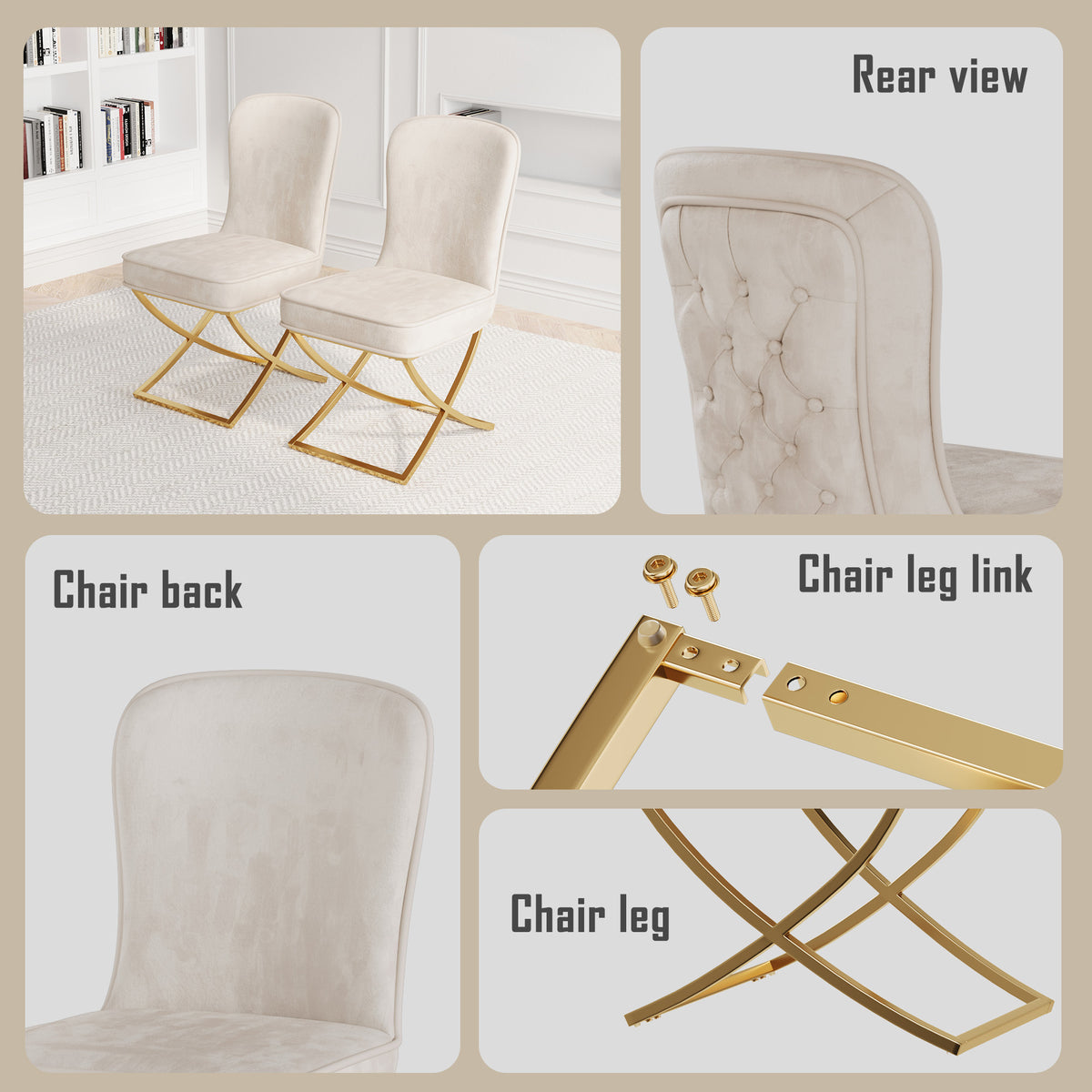 Dining Chair Set of 4, Beige velvet Backrest and golden Metal legs.For Modern Kitchen Dining Room Chair for Kitchen Living Modern decorative Leisure chairs.Office chairs y-2009 W1727S00010-djyc