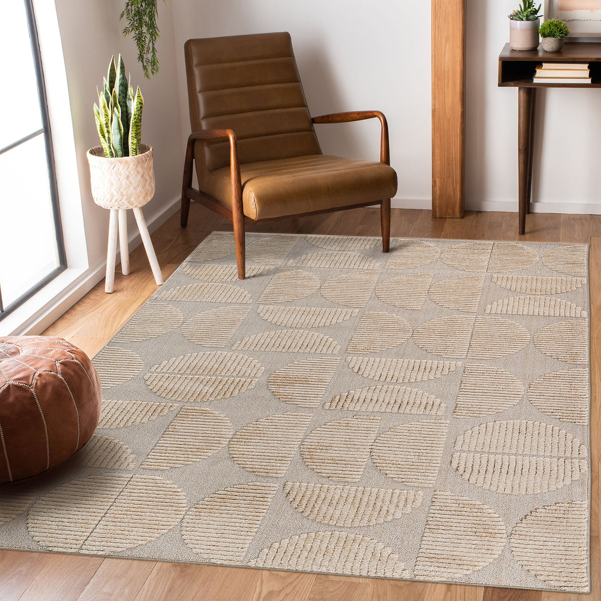 Step Collection High-Low Beige Indoor Area Rug, 5'3''x7'6'', Modern, Contemporary, Geometric, Bohemian, Bedroom, Kitchen, Living Room, Non Shedding Carpet-B189P448799