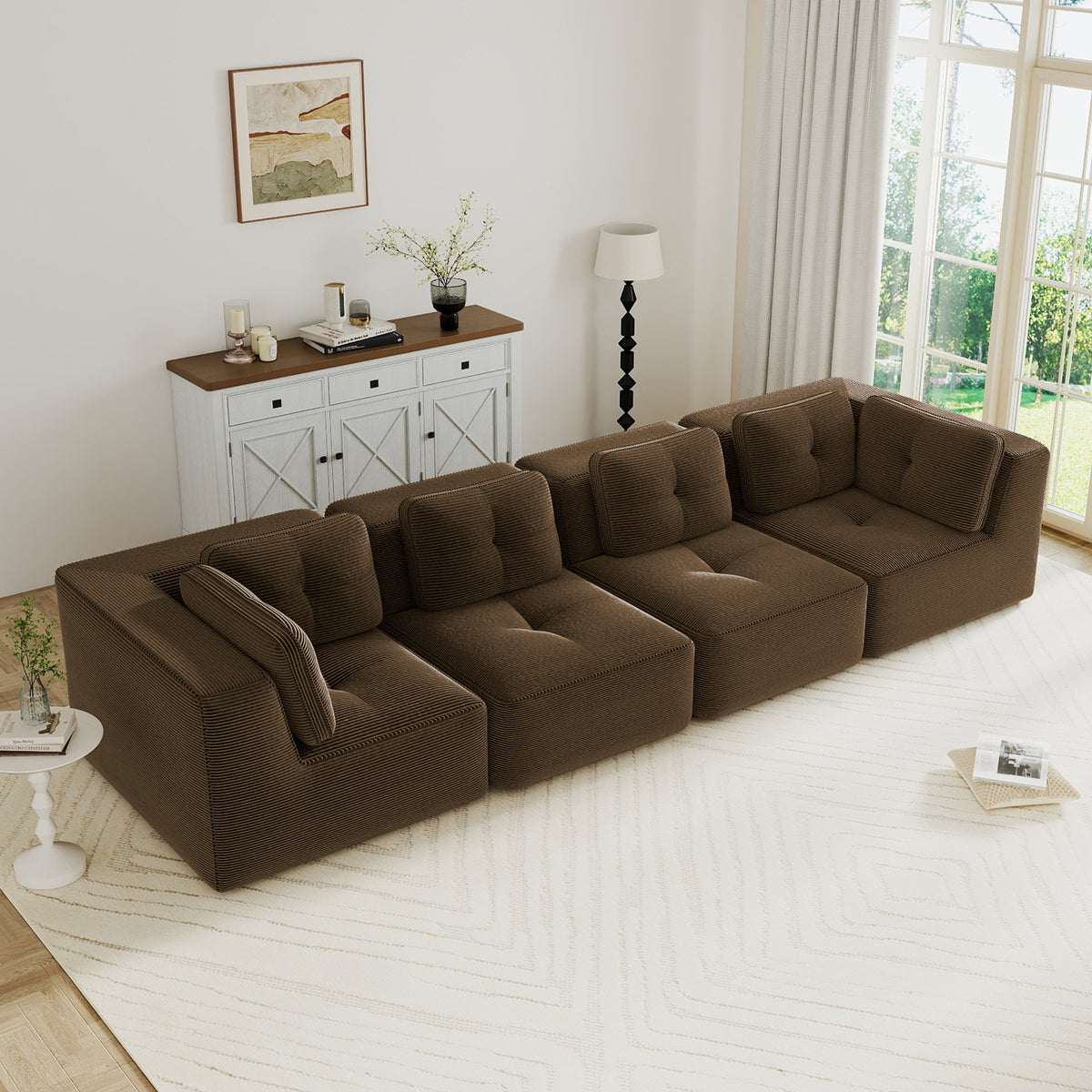 Modern Modular Sectional Sofa for Living Room, Corduroy Fabric, Oversized 4-Seaterwith Deep Seat , Pearl-like piping, Tufted Design, No Assembly, Anti-slip Design, Brown-W714S01810