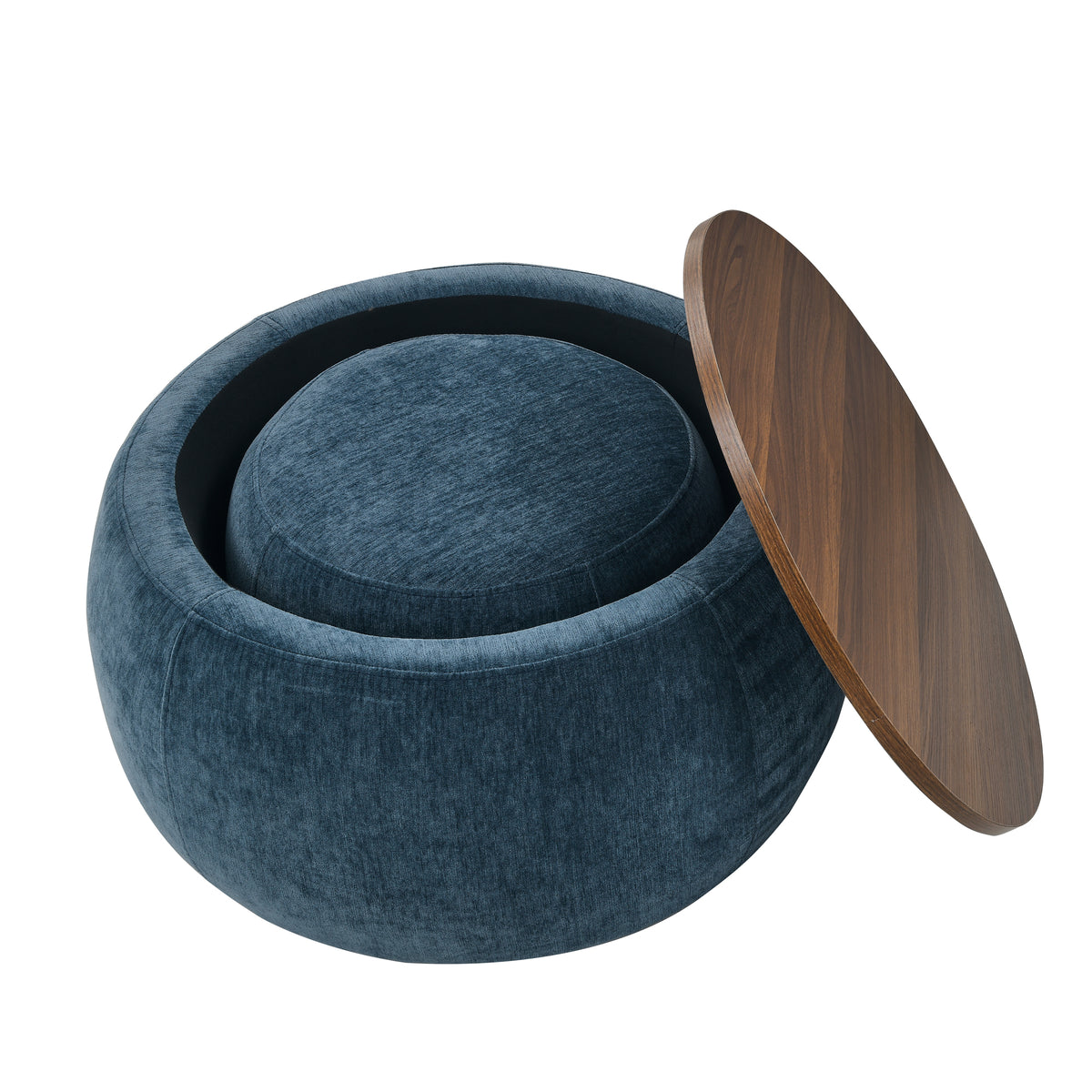 Round Storage Ottoman, 2 in 1 Function, Work as End table and Ottoman,with small seat,Dark blue(25"x25"x14.7") W487P165698-djyc