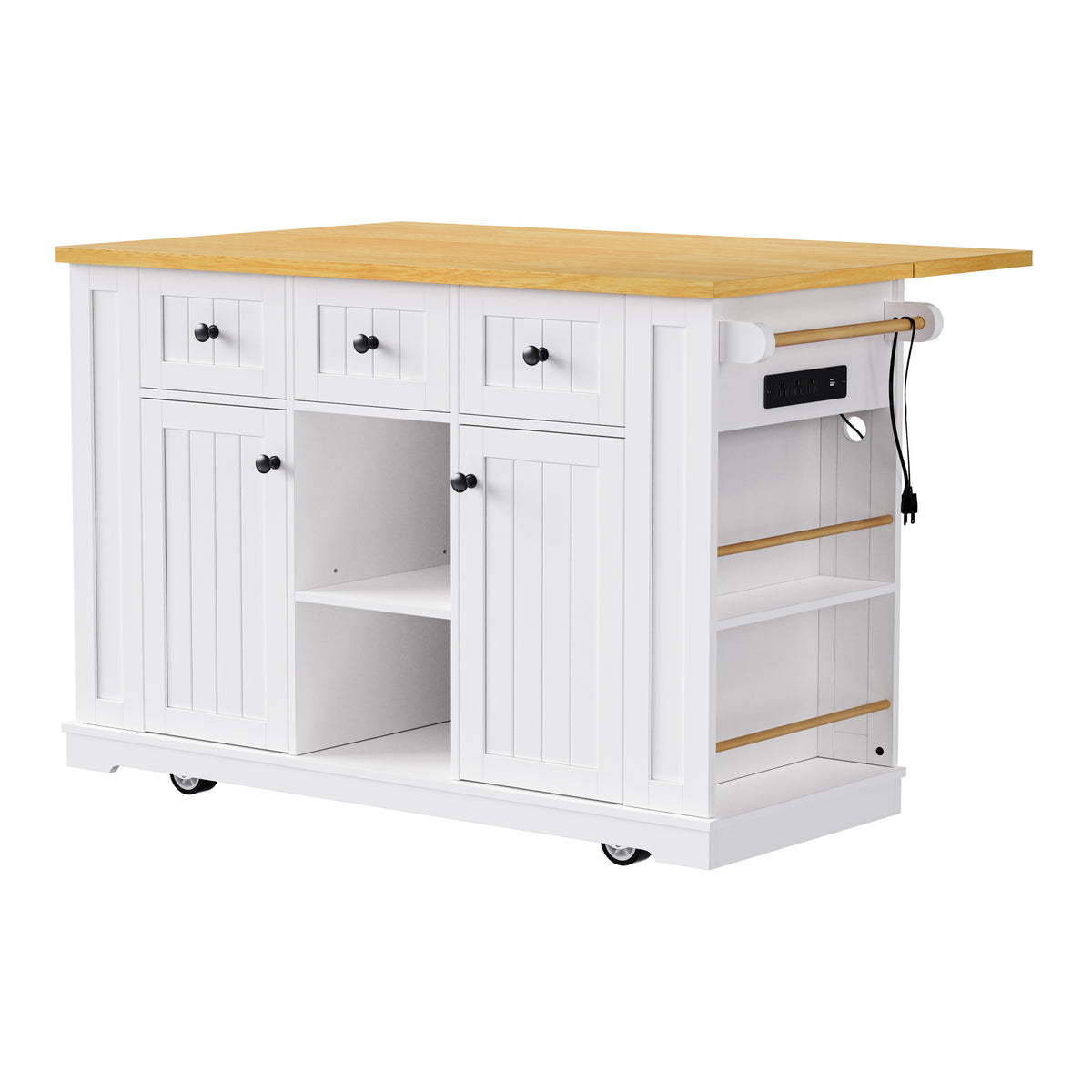 K&K 53inch Large Kitchen Island with Drop Leaf, Power Outlet, Door Internal Storage Rack, Rolling Kitchen Cart on 5 Wheels with 5 Open Side Racks for Kitchen, Dining Room,White(Not include bar stools) N707P185531W-djyc