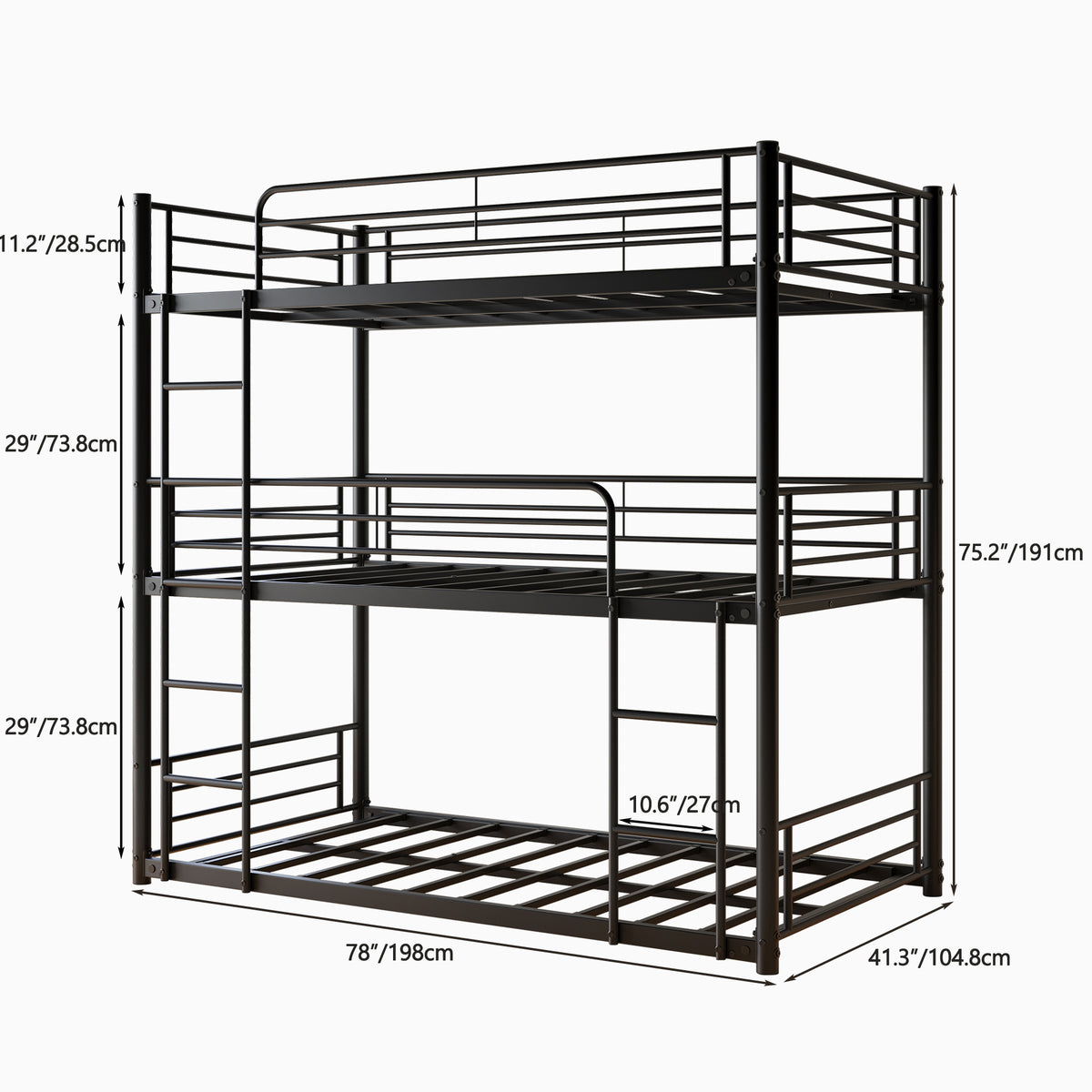 Triple Twin Bunk Beds, Twin Over Twin Over Twin Metal Bunk Bed Platform Frame, Two Attached Ladders, Easy Access Guard-Rail, No Box Spring Need (Black) W840P209935-djyc