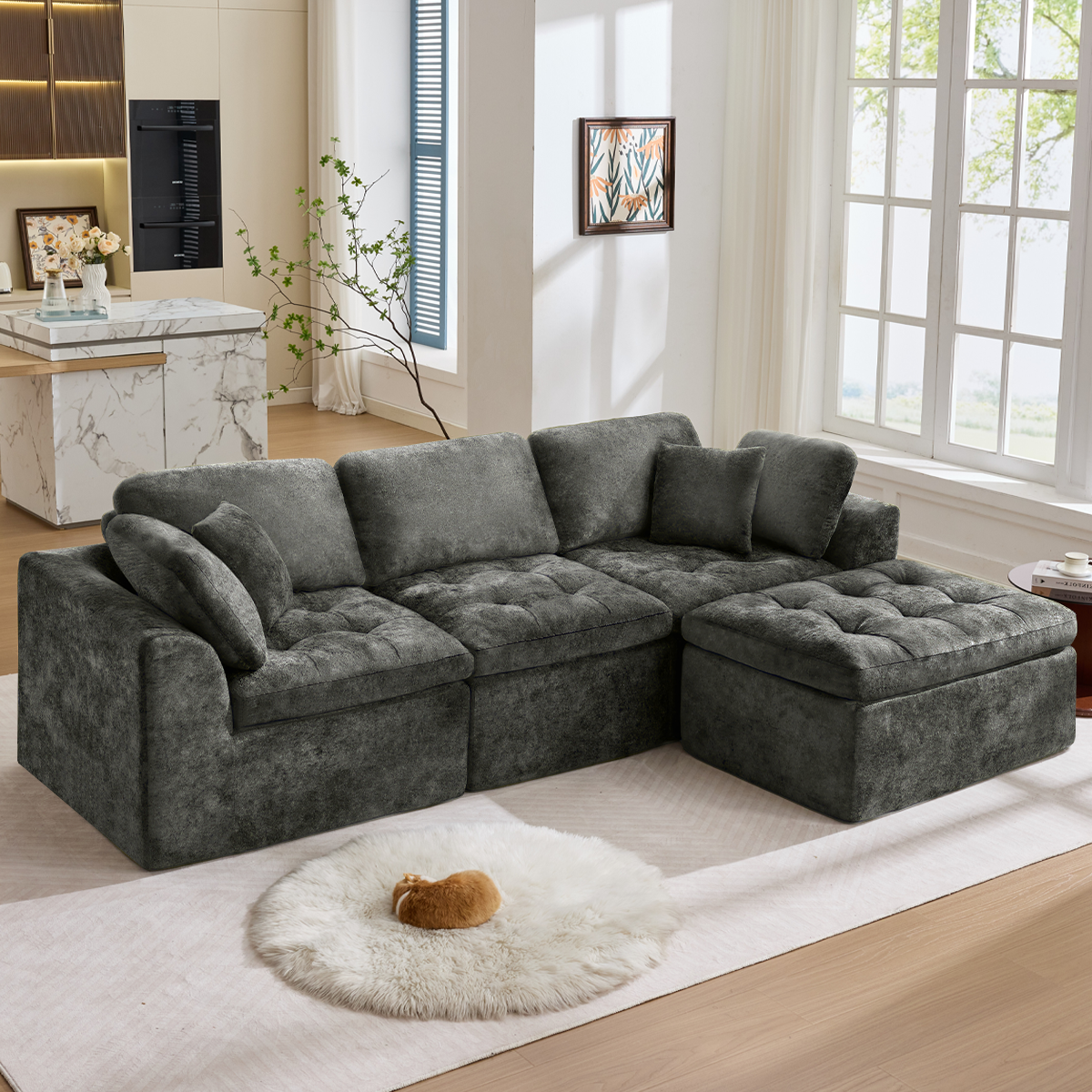 110' Cloud Sectional Couch for Living Room, Upholstered L-Shape Modular Sofa with Movable Ottoman, 3-Seater Deep-Seat Foam Couch, Comfortable Convertible Sectional for Home & Apartment-W1521S00084