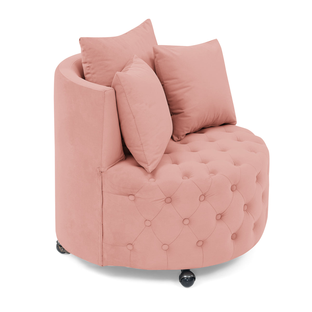 Velvet Upholstered Swivel Chair for Living Room, with Button Tufted Design and Movable Wheels, Including 3 Pillows, Pink W487124836-djyc