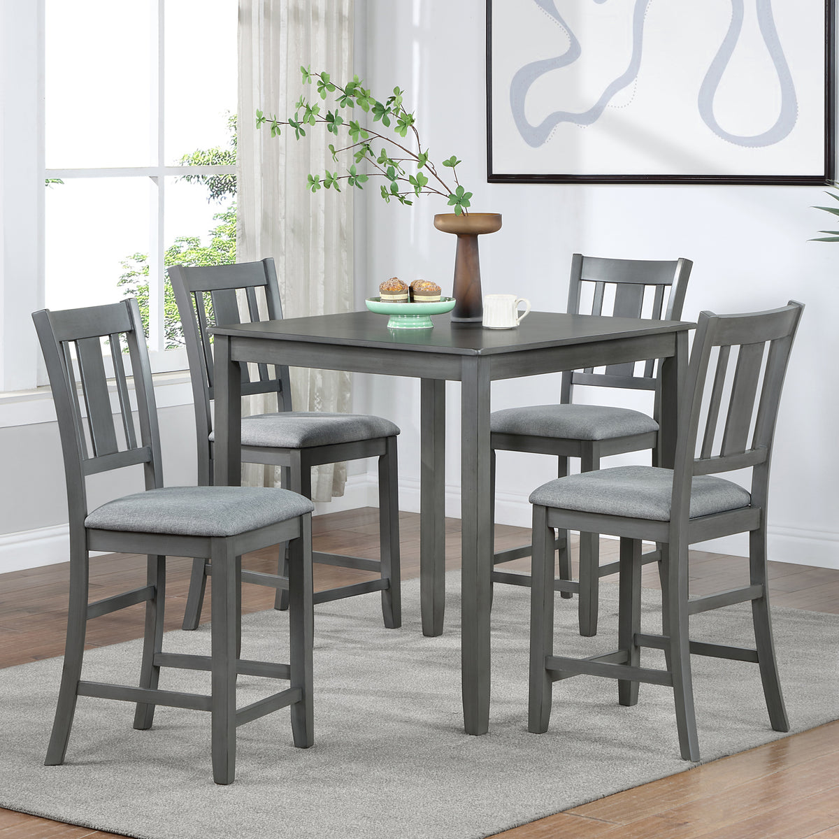 5 Piece Dining Table Set, Wooden Dining Square Table Set for 4, Counter Height Kitchen Table Set with Square Table and 4 Upholstered Chairs for Small Space, Gray W1998S00031-djyc