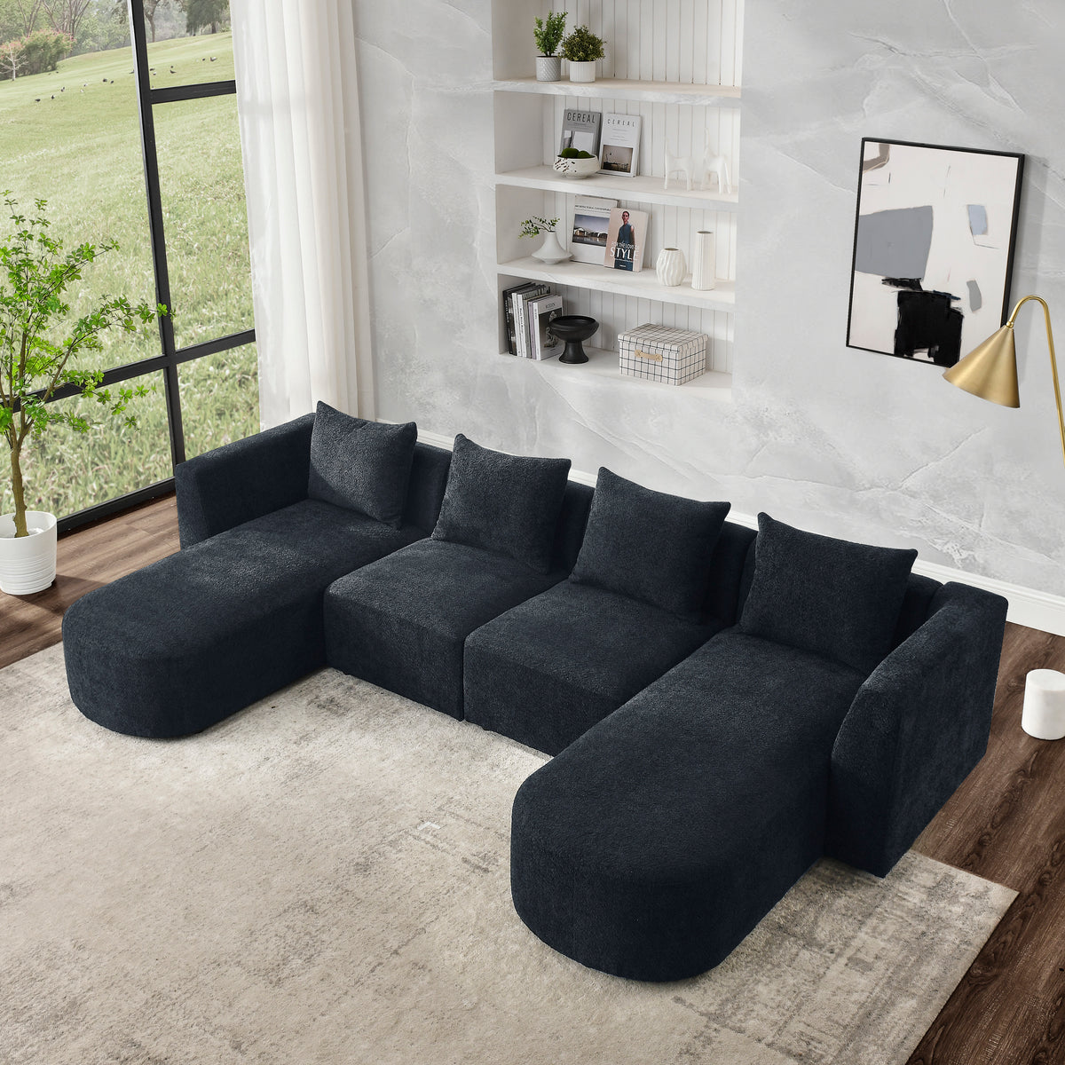 U Shape Sectional Sofa including Two Single Seats and Two Chaises, Modular Sofa, DIY Combination, Loop Yarn Fabric, Black W487S00158-djyc