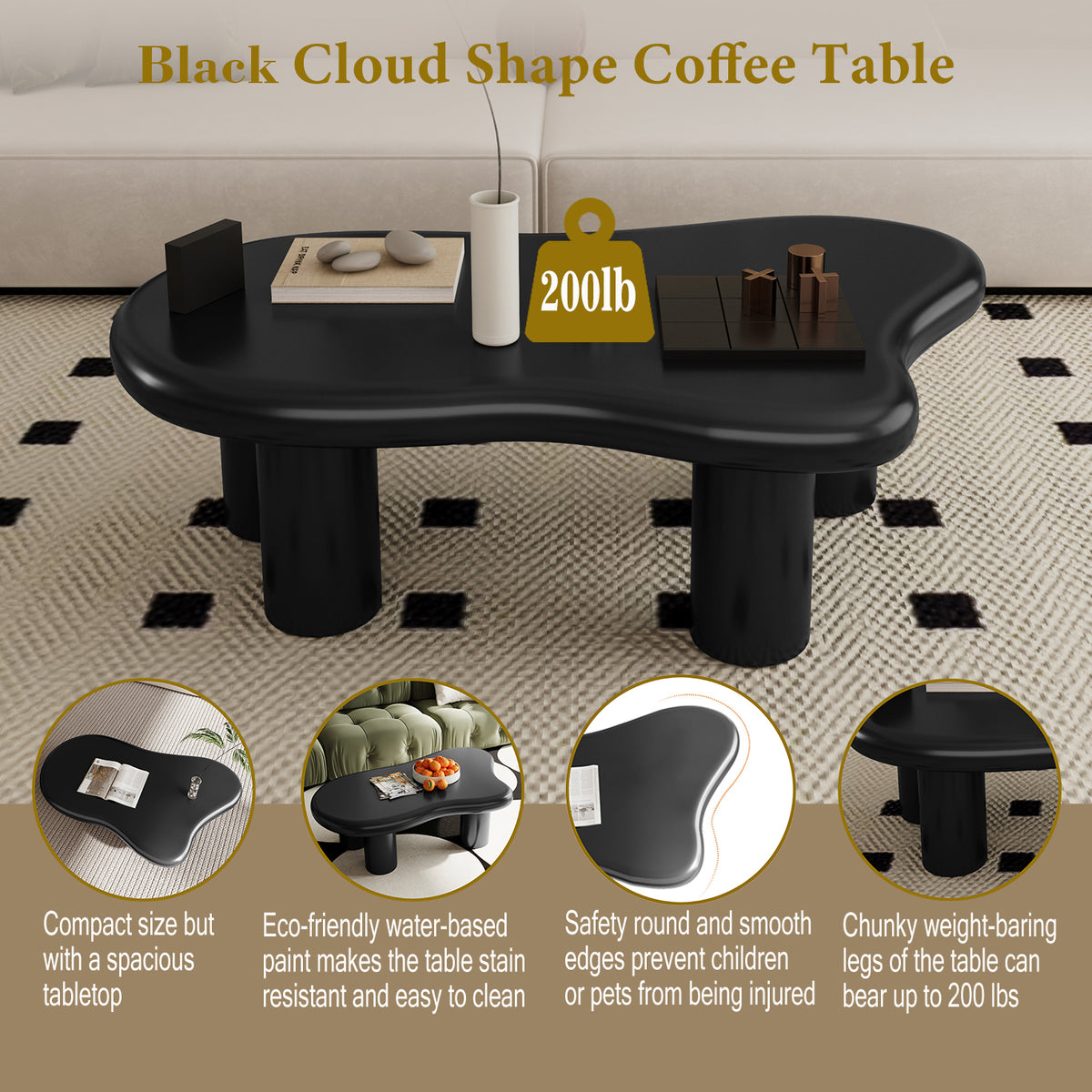 47 Inch Black Cloud Shaped Coffee Table for Living Room W1435S00004-djyc