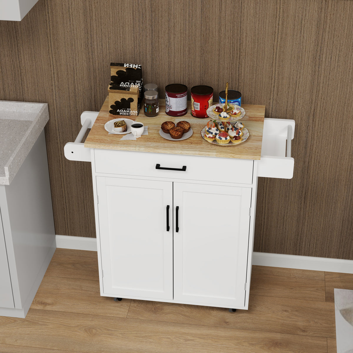 Kitchen island rolling trolley cart with 1 drawer & 2 doors with storage racks & Adjustable Shelves & towel rack & seasoning rack rubber wood table top-White W282P163314-djyc