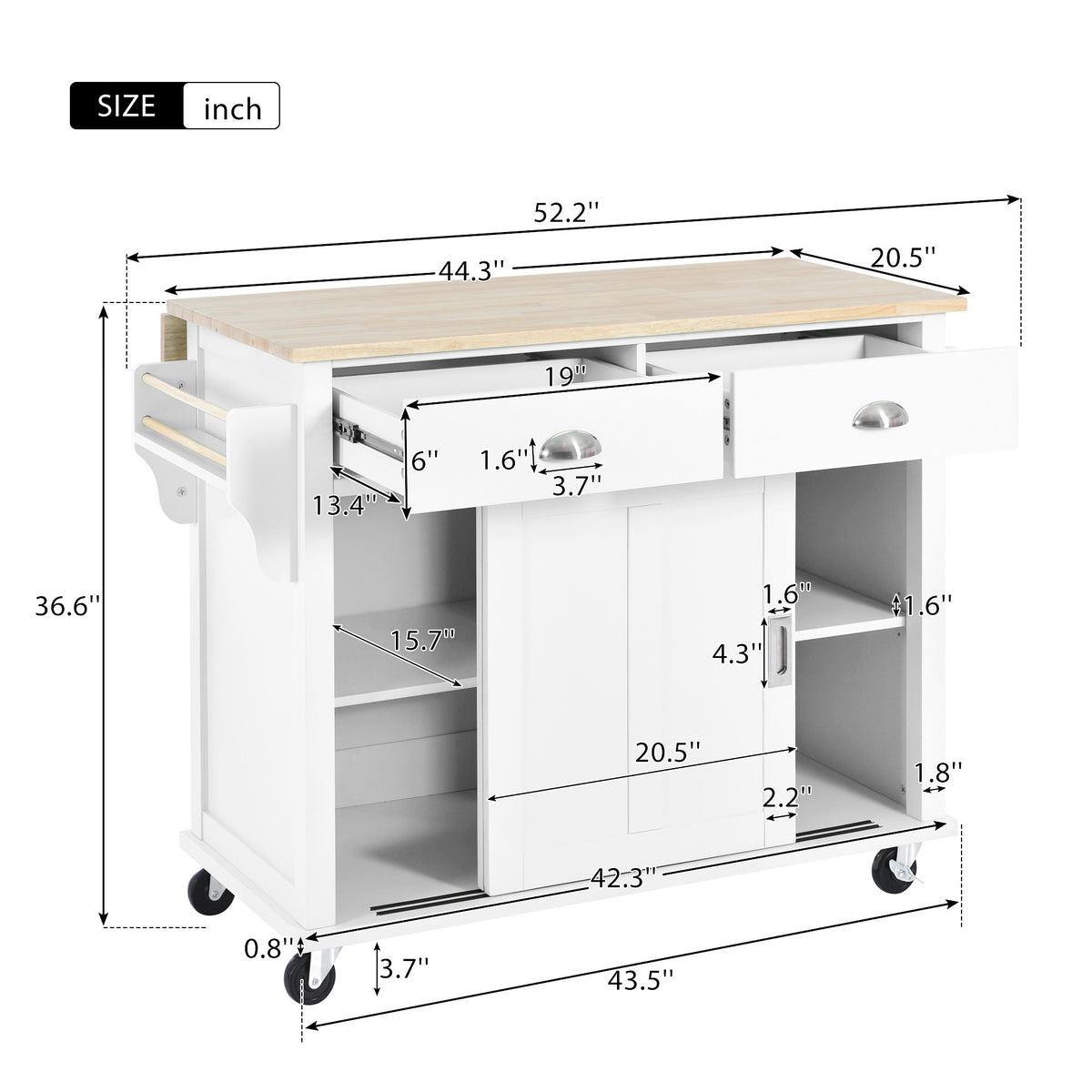 Kitchen Cart with Rubber wood Drop-Leaf Countertop, Concealed sliding barn door adjustable height,Kitchen Island on 4 Wheels with Storage Cabinet and 2 Drawers,L52.2xW30.5xH36.6 inch, White SK000001AAW-djyc