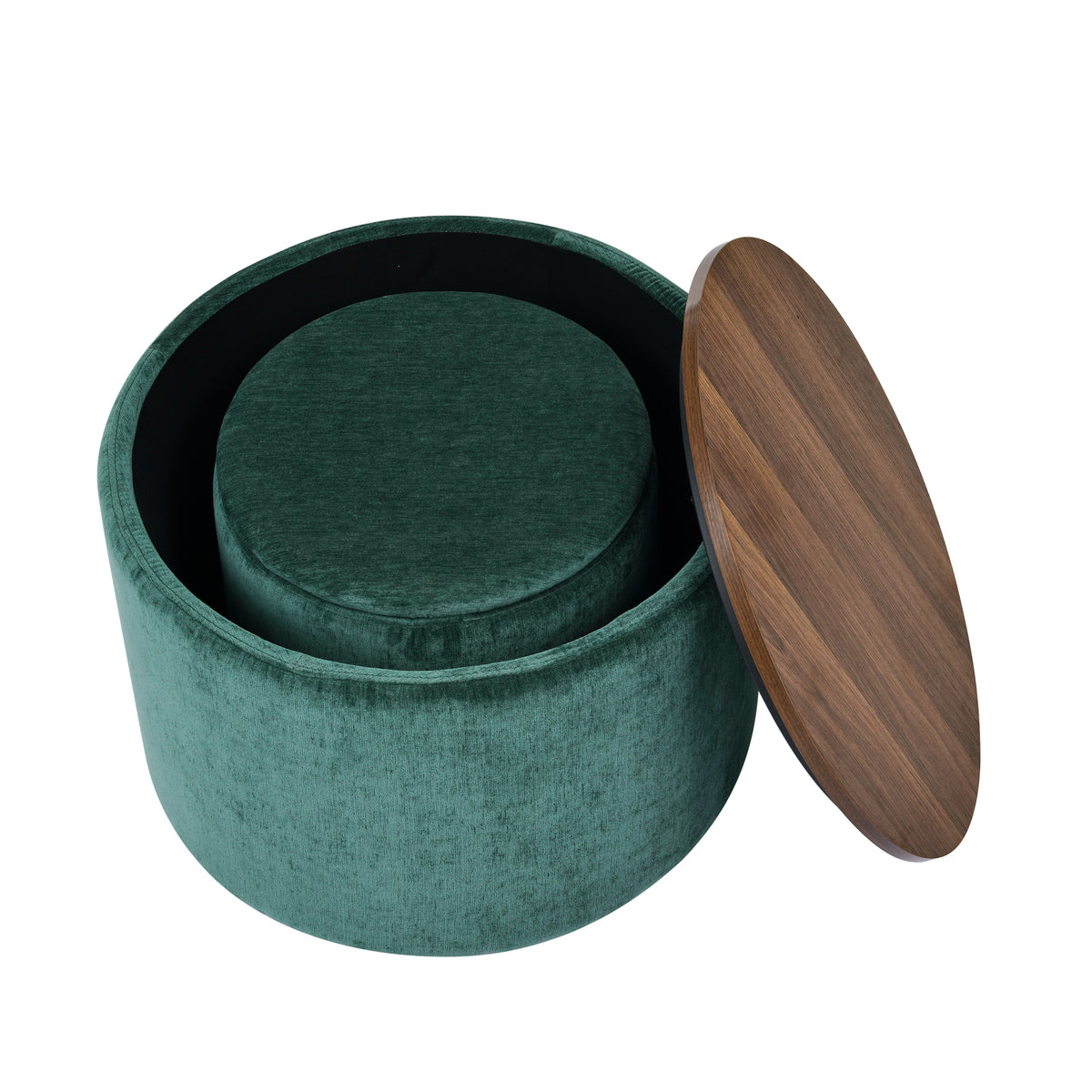 2-Piece Set Round Chenille Storage Ottoman, Equipped with a Drum Shaped Small Stool, Storage Space, and MDF Made Desktop Panel (Dark Green23.62"x23.62"x16.53") W487P179603-djyc