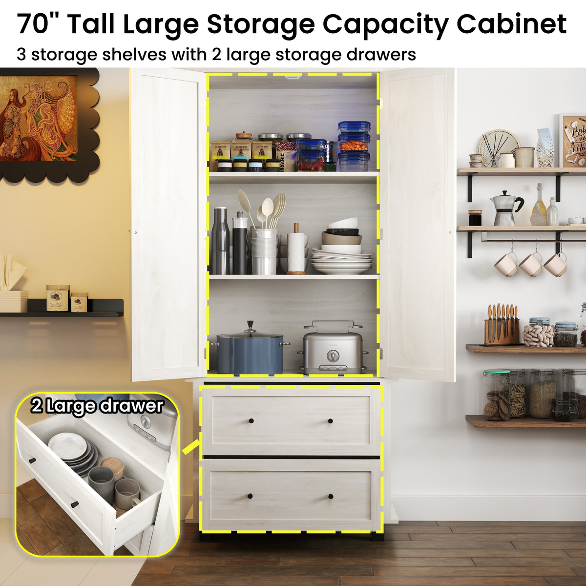 70" Tall Kitchen Pantry Storage Cabinet with 2 Drawers and 3 Shelves, Minimalist Wood Large Storage Cabinet for Kitchen, Dining Room, Living Room, Bathroom (Antique White) W2557P167887-djyc