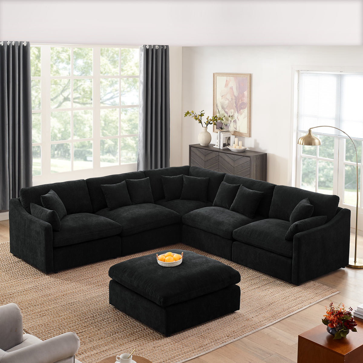 6-Seats Modular L-Shaped Sectional Sofa with Ottoman,10 Pillows, Oversized Upholstered Couch w/Removabled Down-Filled Seat Cushionfor Living Room, Chenille Black W487S00211-djyc