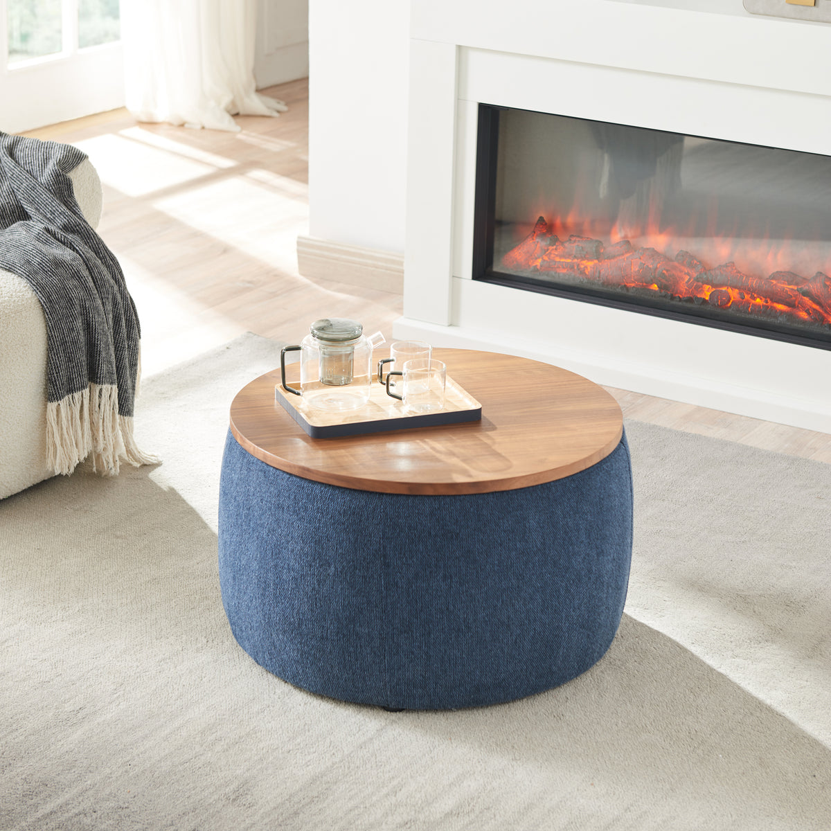 Round Storage Ottoman, 2 in 1 Function, Work as End table and Ottoman, Navy (25.5"x25.5"x14.5") W48735176-djyc