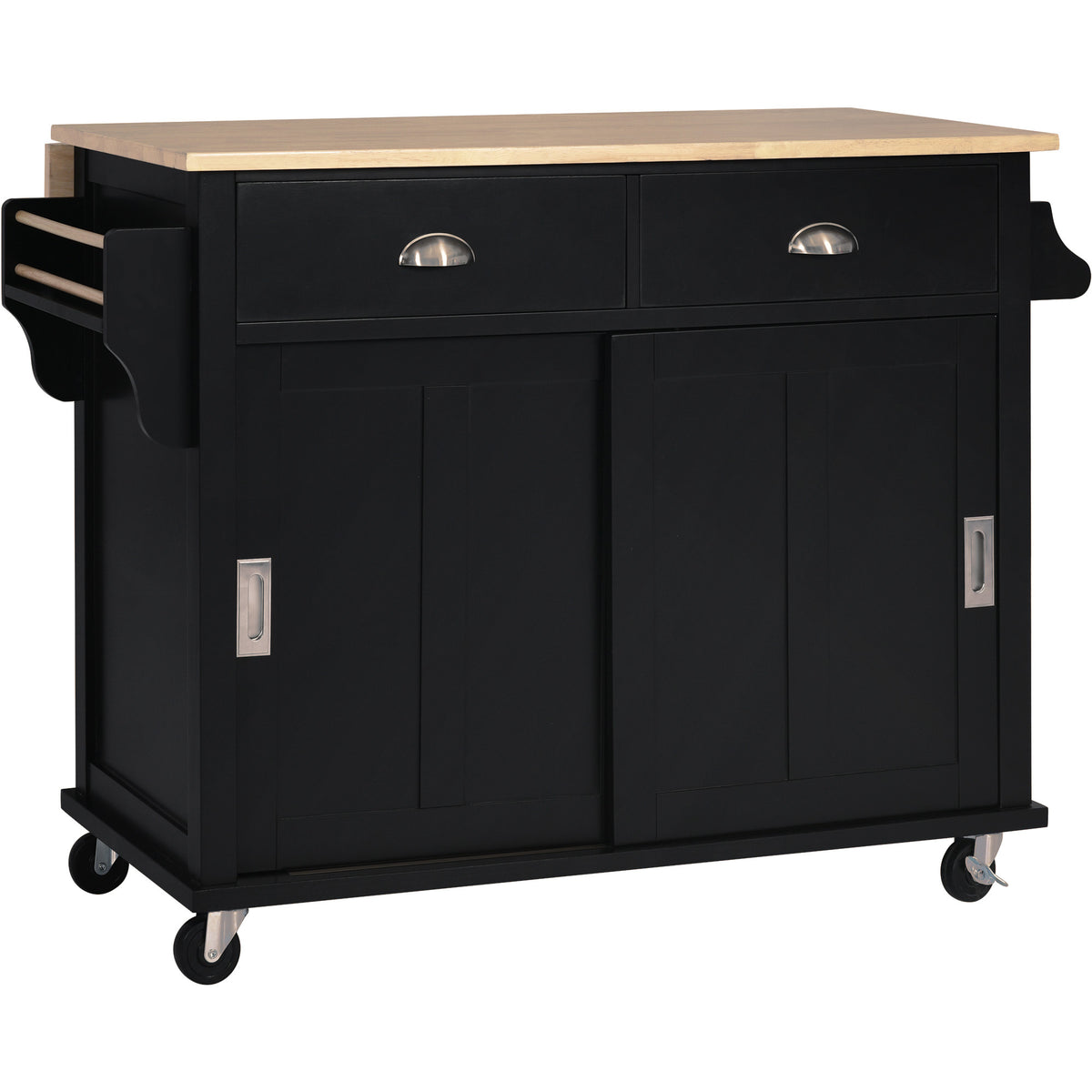 Kitchen Cart with Rubber wood Drop-Leaf Countertop, Concealed sliding barn door adjustable height,Kitchen Island on 4 Wheels with Storage Cabinet and 2 Drawers,L52.2xW30.5xH36.6 inch, Black SK000001AAB-djyc