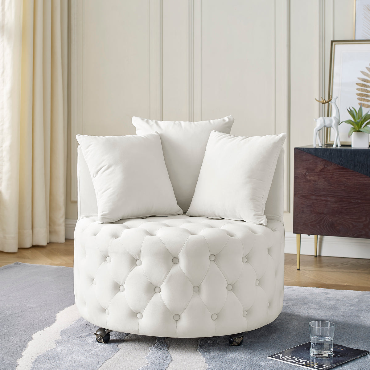 Velvet Upholstered Swivel Chair for Living Room, with Button Tufted Design and Movable Wheels, Including 3 Pillows, Beige W48790918-djyc