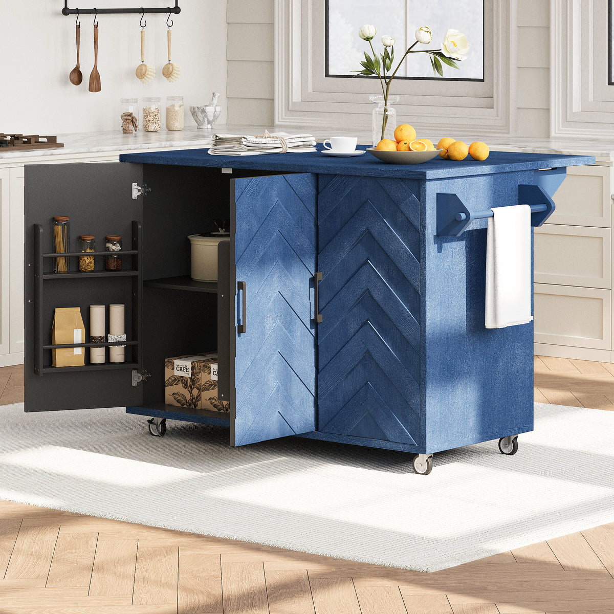 K&K 51.2"W 3D Wave Stripes Ash Veneer(Not Cheap Paper) Kitchen Island with Drop Leaf, Farmhouse Kitchen Island on Wheels with Internal Storage Rack, Rolling Kitchen Cart (Navy Blue) N707P207915E-djyc