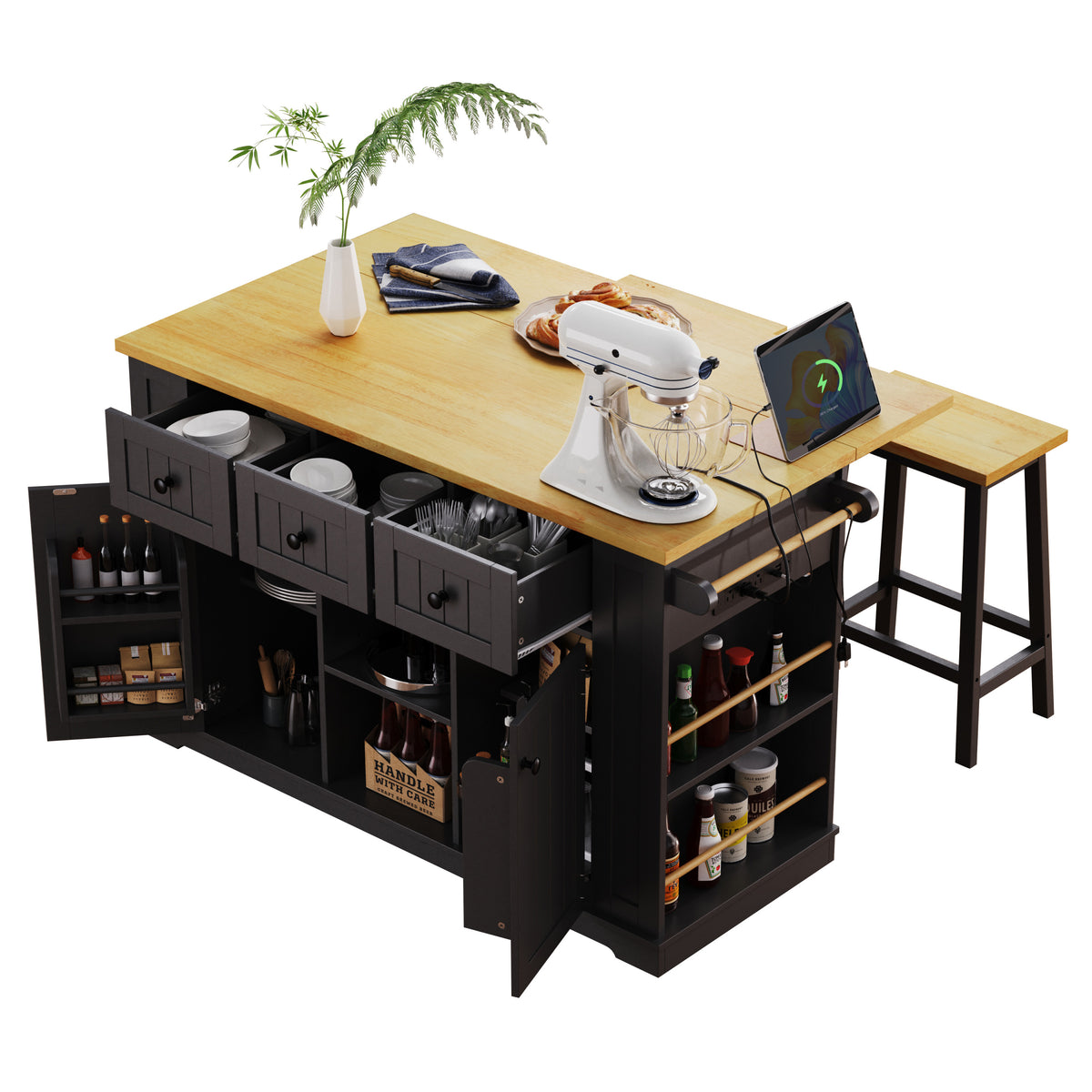 K&K 53inch Large Kitchen Island with Drop Leaf, Power Outlet, Door Internal Storage Rack, Rolling Kitchen Cart on 5 Wheels with 5 Open Side Racks for Kitchen, Dining Room,Black(Not include bar stools) N707P185531B-djyc