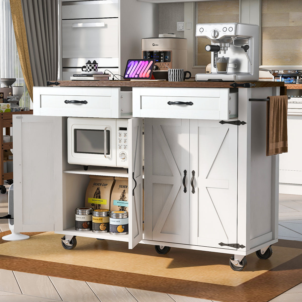 K&K 53.5''Farmhouse Kitchen Island with Power Outlet, Kitchen Storage Island with Drop Leaf, Spice Rack and Drawer, Rolling Kitchen Cart on Wheels, for Home, Kitchen and Dining Room, White N707P170348W-djyc