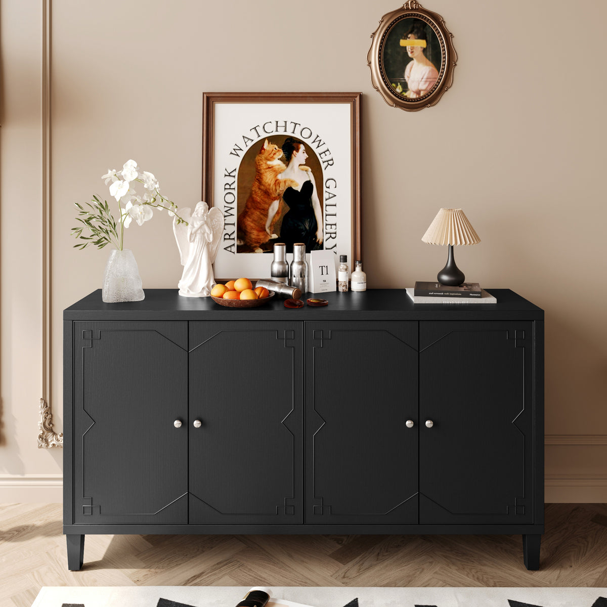 Accent Cabinet 4 Door Wooden Cabinet Sideboard Buffet Server Cabinet Storage Cabinet, for Living Room, Entryway, Hallway, Office, Kitchen and Dining Room, Matte Black W1435P153081-djyc