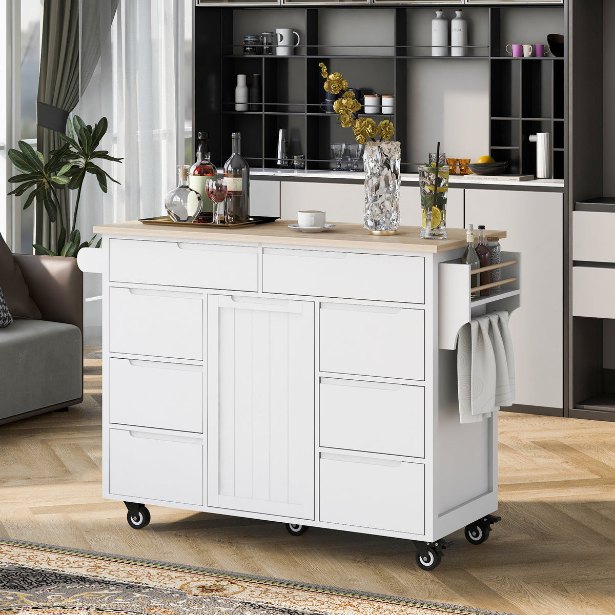 K&K Store Kitchen Cart with Rubber Wood Countertop , Kitchen Island has 8 Handle-Free Drawers Including a Flatware Organizer and 5 Wheels for Kitchen Dinning Room, White SK000002AAW-djyc