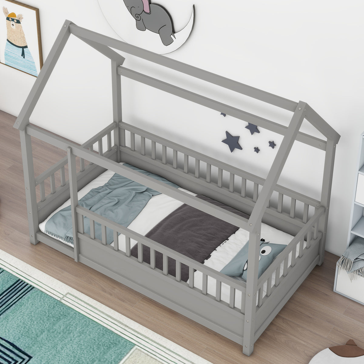 Twin Size Floor Wooden Bed with House Roof Frame, Fence Guardrails,Grey W1858123985-djyc