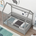 Twin Size Floor Wooden Bed with House Roof Frame, Fence Guardrails,Grey W1858123985-djyc