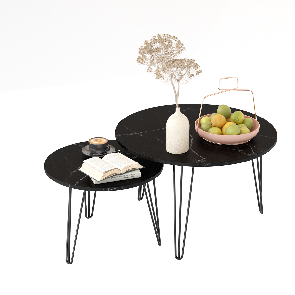 27.56'' Round Nesting Coffee Table Set of 2, Circular Nesting End Table Set, Round Marble Tabletop, and Sturdy Metal Base for Living Room, bedroom, Black W808P176733-djyc