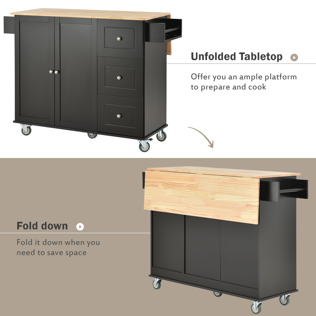 Rolling Mobile Kitchen Island with Solid Wood Top and Locking Wheels,52.7 Inch Width,Storage Cabinet and Drop Leaf Breakfast Bar,Spice Rack, Towel Rack & Drawer (Black) WF287035AAB-djyc