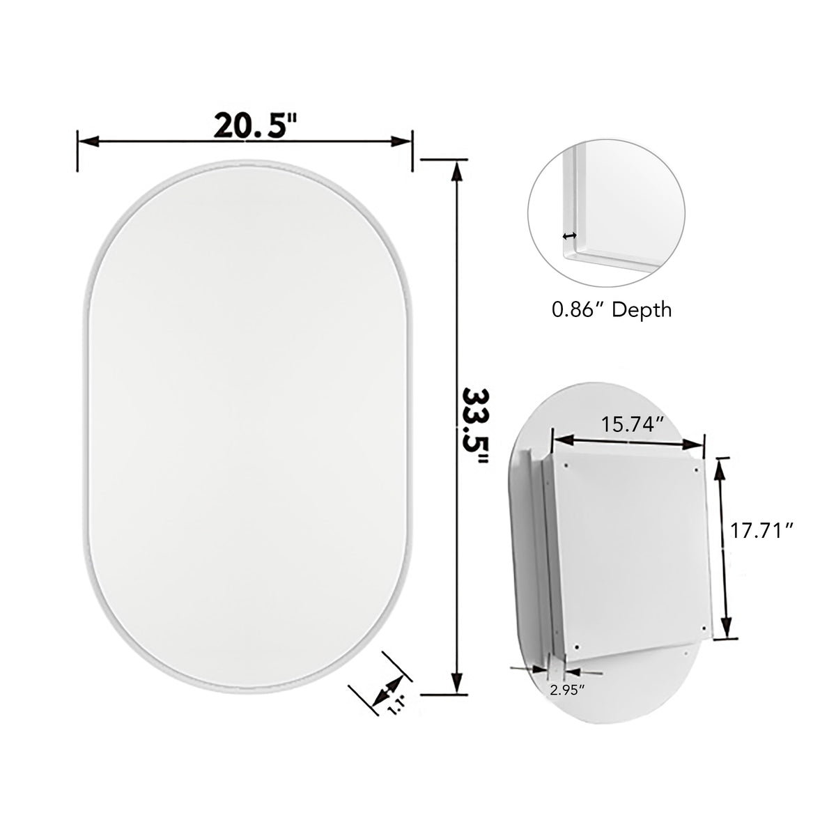 20x34 Inch Oval Recessed Medicine Cabinet, Metal Framed Bathroom Wall Cabinet with Mirror and Adjustable Shelves, Wall Mirror with Storage for Bathroom, White W1435P201161-djyc