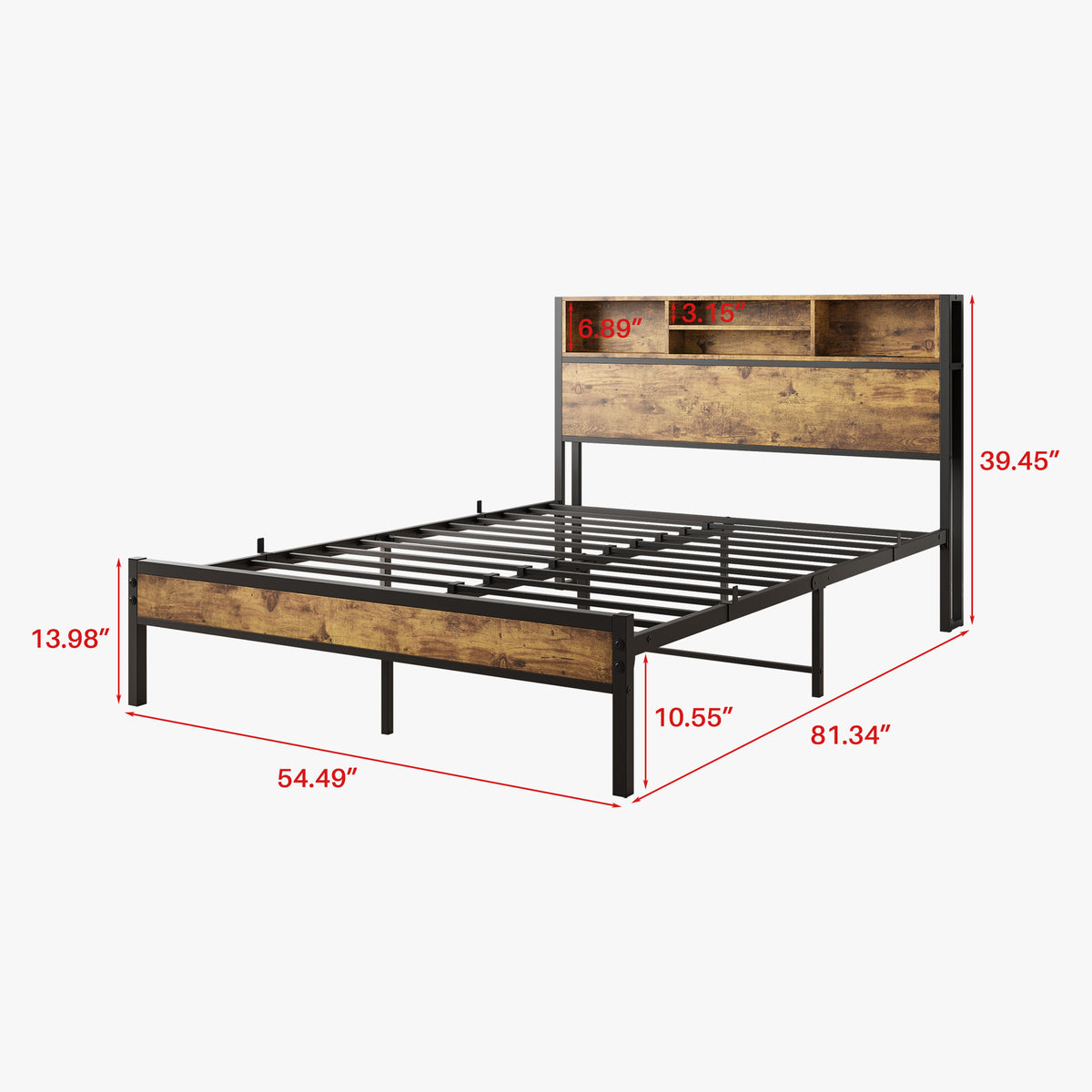 Full Size Bed Frame with Storage Headboard, Metal Platform Bed with Charging Station,Bookcase Storage, No Box Spring Needed, Easy Assembly, Noise-Free, Black W840127763-djyc