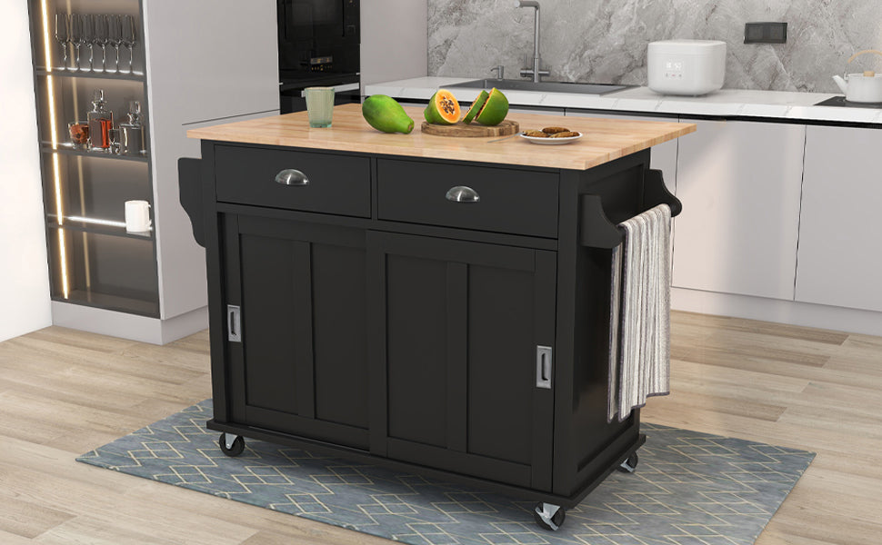 Kitchen Cart with Rubber wood Drop-Leaf Countertop, Concealed sliding barn door adjustable height,Kitchen Island on 4 Wheels with Storage Cabinet and 2 Drawers,L52.2xW30.5xH36.6 inch, Black SK000001AAB-djyc