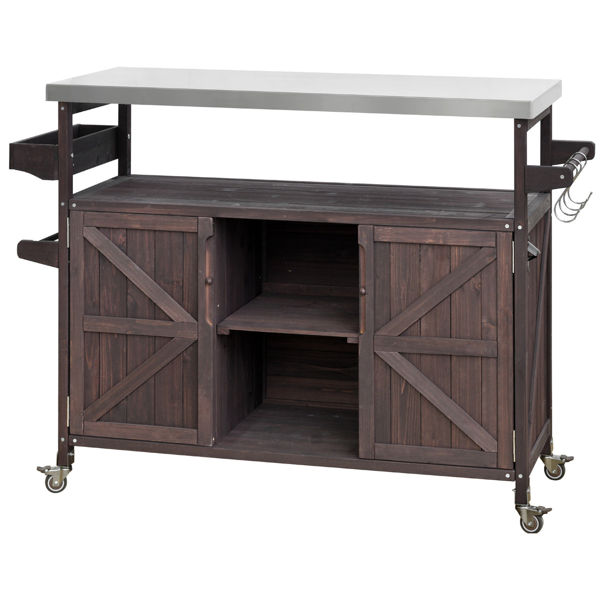 K&K Outdoor Kitchen Island, Rolling Bar Cart & Storage Cabinet, Farmhouse Solid Wood Outdoor Grill Table with Stainless Steel Top, Spice Rack , Towel Rack for Kitchen & Barbecue , Dark Brown WF532198AAZ-djyc