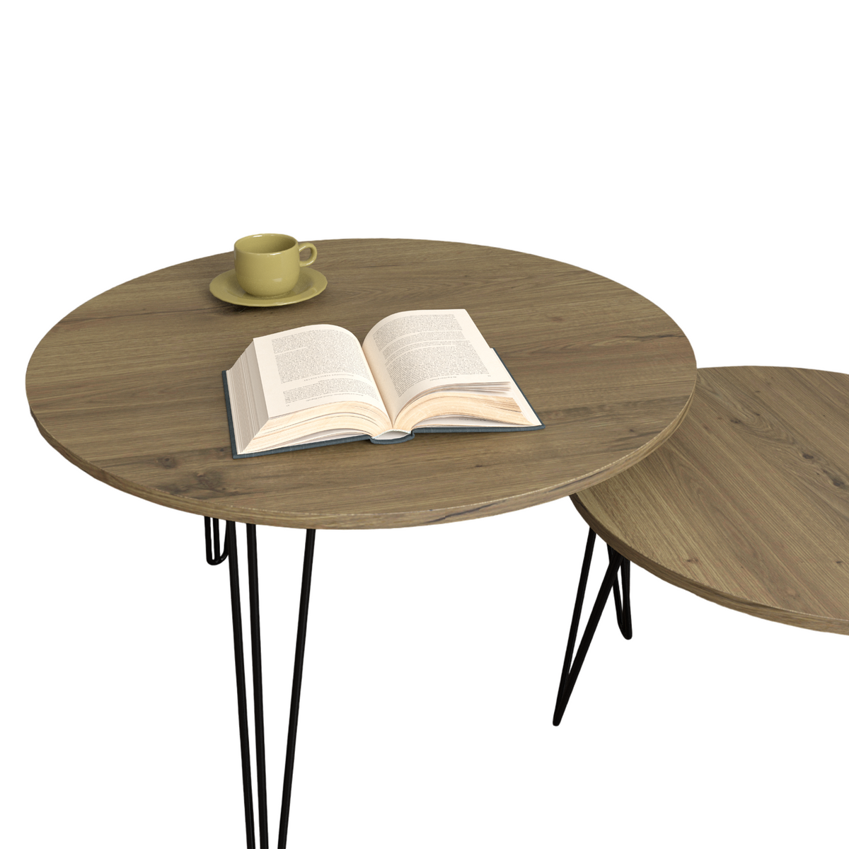 27.56'' Round Nesting Coffee Table Set of 2, Circular Nesting End Table Set, Round Wooden Tabletop, and Sturdy Metal Base for Living Room, bedroom, Brown W808P176732-djyc