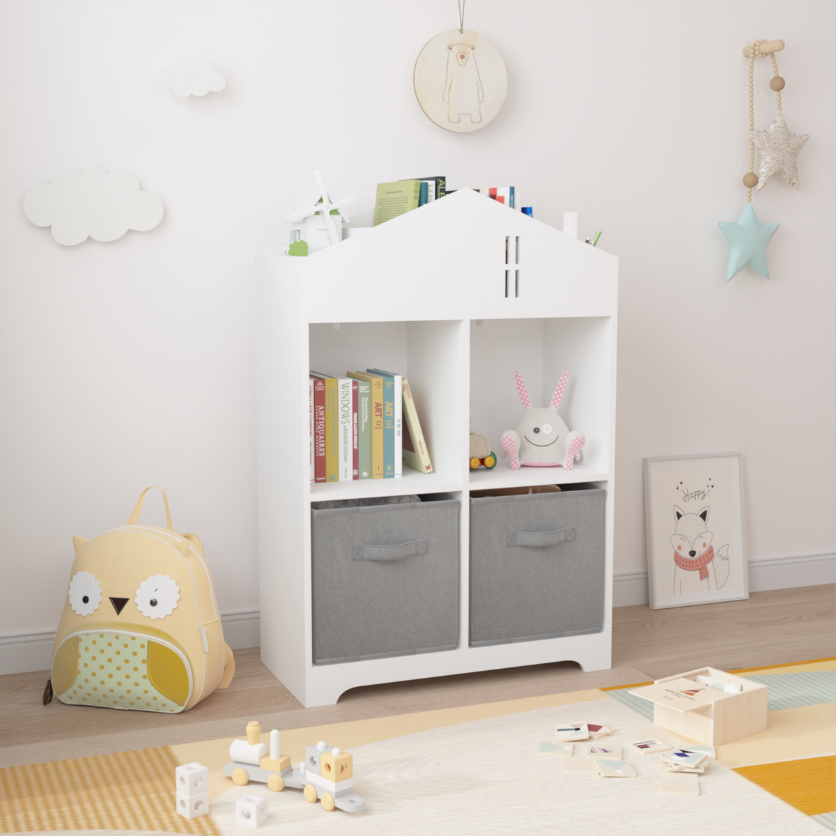 Kids Dollhouse Bookcase with Storage, 2-Tier Storage Display Organizer, Toddler Bookshelf with 2 Collapsible Fabric Drawers for Bedroom or Playroom (White/Gray) W808122614-djyc